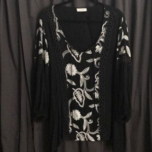 Black and white embroidered peasant tunic
